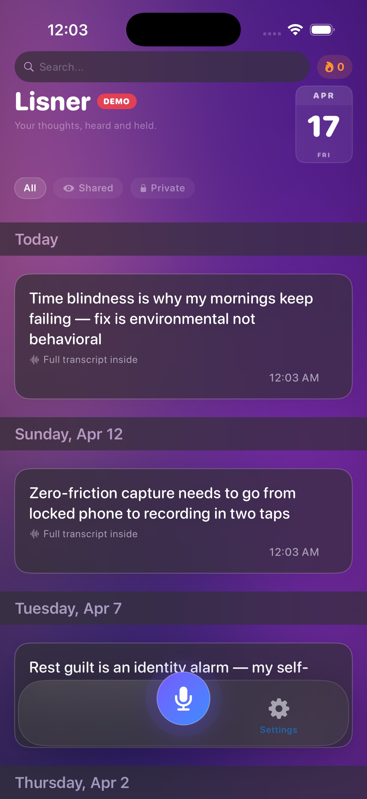 Lisner app timeline — thoughts organized by date